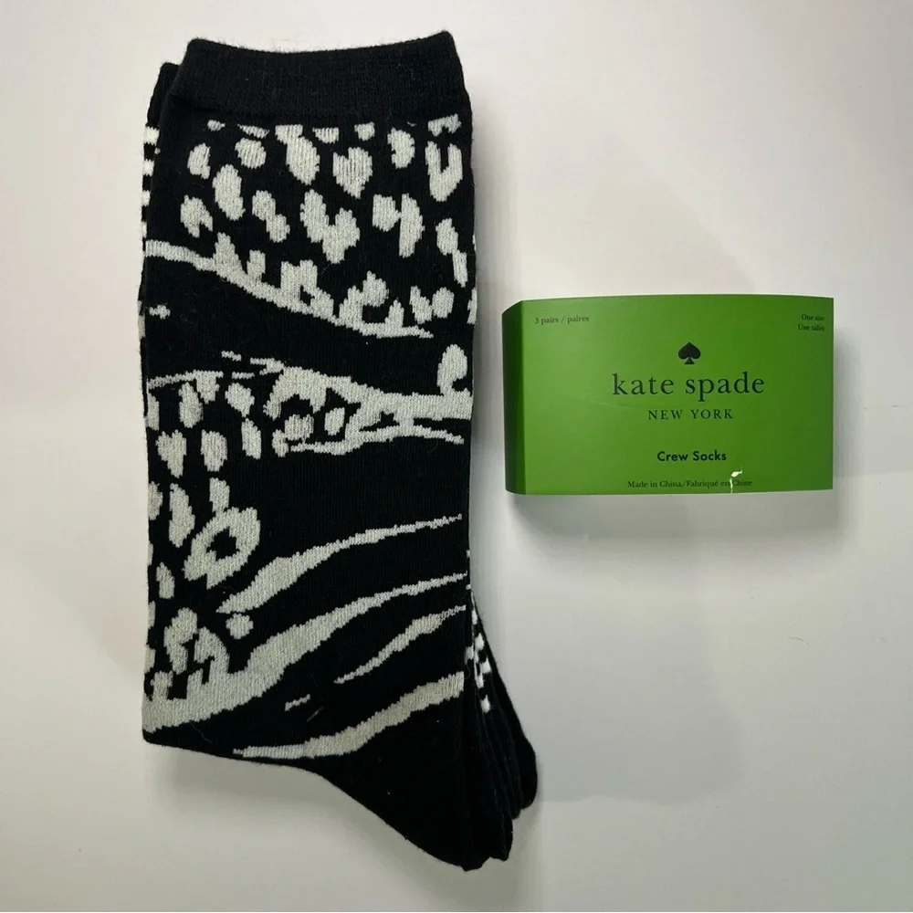 NWT Kate Spade Crew Socks 3 Pack One Size 4-10 Black White Striped Flower Animal - Picture 3 of 8